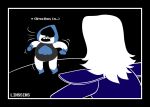  deltarune english_text hair humanoid lancer_(deltarune) linssins long_hair rouxls_kaard simple_background spade text unknown_species 