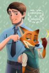  2018 anthro belt canine clothed clothing disney english_text flynn_rider fox fur hair hi_res human male mammal nick_wilde simple_background takatmadisney tangled_(movie) text zootopia 