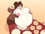  2018 absurd_res anthro areola bear belly big_belly big_breasts blizzard_entertainment blush breasts brown_fur brown_hair choker digital_media_(artwork) female food fur green_eyes gurgle hair hi_res huge_breasts mammal morbidly_obese navel nekocrispy nipples nude obese open_mouth overweight overweight_female pandaren simple_background sitting smile solo speech_bubble stomach_noises thick_thighs video_games voluptuous warcraft wide_hips yanshe 