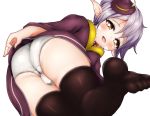  :d ass black_legwear blush brown_eyes commentary_request hat hat_feather highres looking_at_viewer master_of_epic mini_hat open_mouth panties pointy_ears purple_hair rirusu short_hair smile solo thighhighs thighs tilted_headwear underwear white_background white_panties 