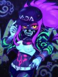  akali asymmetrical_legwear baseball_cap belt breasts chain_necklace cleavage commentary crop_top hat idol inverted_colors jacket k/da_(league_of_legends) k/da_akali league_of_legends long_sleeves looking_at_viewer midriff navel neon open_clothes phantom_ix_row ponytail purple_hair raver solo ultraviolet_light yellow_eyes 