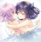  2girls alternate_hair_length alternate_hairstyle artist_request back bath bathing blush breasts choujigen_game_neptune closed_mouth couple dutch_angle eyebrows_visible_through_hair eyes_closed female hair_between_eyes hair_ornament hair_up highres hug imminent_kiss lavender_hair looking_at_another medium_breasts multiple_girls neptune_(choujigen_game_neptune) neptune_(series) noire nude official_art parted_lips purple_eyes short_hair splashing submerged upper_body wet yuri 