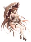  1girl :d animal ass bangs bare_shoulders bird breasts brown_hair cleavage detached_sleeves dress eyebrows_visible_through_hair food_fantasy full_body green_eyes hairband high_heels highres large_breasts limeblock long_hair navel open_mouth see-through simple_background smile solo thighhighs umbrella very_long_hair white_background white_legwear 