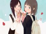  backpack bag brown_eyes brown_hair commentary crepe eating food fruit looking_at_viewer looking_back multiple_girls nakamura_hinata original revision smile strawberry sweater sweets 