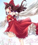  ascot bangs bare_shoulders blue_sky blush bow breasts brown_eyes brown_hair collarbone commentary day detached_sleeves eyebrows_visible_through_hair feet_out_of_frame floating_hair flower frilled_bow frilled_shirt_collar frills hair_between_eyes hair_bow hair_tubes hakurei_reimu highres leg_up long_hair long_sleeves looking_at_viewer medium_breasts midriff navel outdoors outstretched_arms petals petticoat pink_flower rankasei red_bow red_skirt ribbon-trimmed_sleeves ribbon_trim sarashi sidelocks skirt sky solo standing standing_on_one_leg stomach touhou wide_sleeves yellow_neckwear 