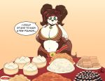  2018 absurd_res anthro bear belly big_breasts blizzard_entertainment breasts brown_fur brown_hair choker clothed clothing dialogue digital_media_(artwork) female food fur green_eyes hair hand_on_stomach hi_res huge_breasts mammal navel nekocrispy open_mouth pandaren simple_background slightly_chubby solo speech_bubble standing text thick_thighs video_games voluptuous warcraft wide_hips yanshe 