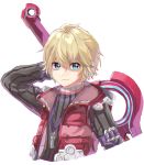  blonde_hair blue_eyes highres holding holding_weapon lanyard looking_at_viewer male_focus monado red_vest ribbed_shirt ruiko_12 shirt short_hair shulk simple_background smile solo super_smash_bros. sword vest weapon white_background xenoblade_(series) xenoblade_1 