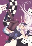  1girl absurdres animal_ears azur_lane bare_shoulders black_dress black_gloves blush breasts card commentary_request dress eyeshadow falling full_body gloves hair_between_eyes hairband highres knee_up leg_up lolita_hairband long_hair makeup midair open_mouth panties playing_card rabbit_ears rabbit_girl red_eyeshadow shimakaze_(azur_lane) shimakaze_(the_white_rabbit_of_wonderland)_(azur_lane) sleeveless sleeveless_dress small_breasts solo striped_clothes striped_panties teeth thighhighs underwear upper_teeth_only upskirt very_long_hair white_hair wide-eyed yellow_eyes yuccapic 
