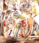  animal artist_name bangs blonde_hair blue_bow blue_eyes blurry blurry_background blush bow braid closed_mouth collared_shirt commentary_request dated day depth_of_field dew_drop different_reflection eyebrows_visible_through_hair fish fishbowl flower flute goldfish hair_bow hair_ornament hairclip highres hmw_(pixiv7054584) holding holding_instrument indoors instrument lily_(flower) long_hair necktie original petals red_neckwear reflection shirt sidelocks smile solo table transparent uniform water water_drop white_flower white_shirt 