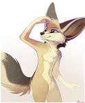  2018 anthro aseethe canine digital_media_(artwork) fennec fox fur mammal nude purple_eyes simple_background solo standing tan_fur 