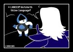  deltarune english_text hair humanoid lancer_(deltarune) linssins long_hair profanity rouxls_kaard simple_background spade text unknown_species 