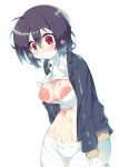  areolae bandages black_hair blazer breasts commentary_request hair_between_eyes hair_ornament jacket kanibasami large_areolae looking_at_viewer medium_breasts mizuno_ai nipples red_eyes short_hair solo sweat white_background zombie_land_saga 