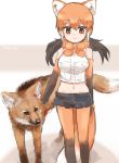  :3 animal_ears bangs bare_shoulders breasts closed_mouth commentary_request denim denim_shorts elbow_gloves eyebrows_visible_through_hair fur_collar gloves groin hair_between_eyes highres kemono_friends large_breasts long_hair looking_at_viewer maned_wolf maned_wolf_(kemono_friends) multicolored_hair navel orange_gloves orange_hair orange_legwear orange_neckwear pantyhose petting short_shorts shorts sleeveless smile solo standing stomach tail tatsuno_newo twitter_username wolf_ears wolf_girl wolf_tail 