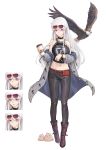  absurdres azur_lane bald_eagle bare_shoulders belt belt_pouch bird black_choker black_pants black_tank_top boots casual chick choker coat commentary_request cup eagle enterprise_(azur_lane) esrb eyewear_on_head fur-trimmed_coat fur_trim grey_coat hair_between_eyes highres holding holding_cup inset jacky5493 logo multiple_views navel open_clothes open_coat pants parka pouch purple_eyes sidelocks silver_hair tight tight_pants variations watch white_background wristwatch 