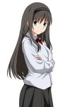  1girl absurdres black_hair black_hairband black_skirt closed_mouth crossed_arms green_eyes hairband highres kishishi_(kishiman-ya) long_hair red_ribbon ribbon simple_background skirt smile solo standing tohno_akiha tsukihime white_background 