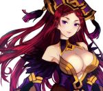  braid breasts cleavage commentary_request detached_collar earrings fire_emblem fire_emblem_heroes hat jewelry jurge large_breasts loki_(fire_emblem_heroes) long_hair purple_eyes purple_hair simple_background solo upper_body white_background 