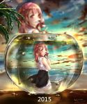 2015 ahoge artist_name bare_shoulders beach blurry blurry_background bow cloud cloudy_sky commentary_request dated depth_of_field dew_drop diffraction_spikes dress fishbowl frilled_dress frills from_side gradient_sky hair_bow highres hmw_(pixiv7054584) holding light_particles long_hair looking_back ocean original outdoors pinwheel plant red_bow red_eyes red_hair reflection refraction sky sleeveless sleeveless_dress solo standing table thighs twilight water water_drop white_dress 