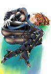  ass black_bodysuit blue_ribbon bodysuit breasts brown_eyes brown_hair commentary_request dead_or_alive dead_or_alive_6 hair_ribbon high_ponytail highres kasumi_(doa) ninja nipples ponytail ribbon see-through skin_tight solo thick_thighs thighs wxp 