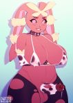  anthro big_breasts bikini breasts clothing cock_warmer collar dickgirl erection humanoid_penis intersex lopunny nintendo penis pok&eacute;mon pok&eacute;mon_(species) precum smile solo standing swimsuit torn_clothing tsudamaku uncut video_games voluptuous wide_hips 