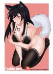  ahri animal_ears black_hair black_lingerie blush breasts cleavage collarbone fox_ears fox_tail heart heart_eyes large_breasts league_of_legends lingerie long_hair tail thighhighs twilight_tent underwear yellow_eyes 