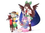  :3 arm_grab arms_up bangs black_footwear black_hairband black_hat black_wings blue_shirt boots bow brown_hair cape collared_shirt feathered_wings floral_print green_bow green_hair green_skirt hair_bow hairband hat hat_bow heart itatatata kaenbyou_rin kaenbyou_rin_(cat) kneeling komeiji_koishi komeiji_satori long_hair long_sleeves longcat miniskirt multiple_girls open_mouth pink_skirt purple_eyes purple_hair reiuji_utsuho shirt shoes short_hair simple_background sitting skirt smile smug solid_oval_eyes standing star star_print third_eye touhou white_background white_cape white_shirt wide_sleeves wing_collar wings yellow_bow yellow_shirt 