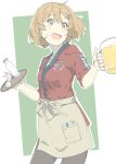  alcohol apron bandaid bandaid_on_face beer beer_mug black_legwear bottle brown_apron brown_eyes brown_hair bunny choko_(cup) cowboy_shot cup fang happi japanese_clothes kantai_collection looking_at_viewer ninimo_nimo oboro_(kantai_collection) open_mouth pantyhose short_hair smile solo tokkuri tray 