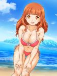  beach bikini blush breasts brown_eyes brown_hair collarbone covered_nipples day girls_und_panzer haru_kanata large_breasts looking_at_viewer navel ocean open_mouth pink_bikini side-tie_bikini sky smile solo swimsuit swimwear takebe_saori 