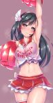  absurdres armpits bangs black_hair blue_eyes blush bow breast_squeeze breasts cheerleader commentary_request eyebrows_visible_through_hair flower gacchu hair_flower hair_ornament hairband headset highres long_hair looking_at_viewer love_live! love_live!_school_idol_festival navel one_side_up perfect_dream_project pom_poms simple_background skirt smile solo sweat thighhighs thighs yuuki_setsuna_(love_live!) 