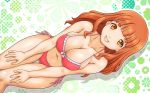  ass_visible_through_thighs bent_over bikini blush breasts brown_eyes brown_hair collarbone covered_nipples girls_und_panzer haru_kanata large_breasts looking_at_viewer navel open_mouth pink_bikini side-tie_bikini smile solo swimsuit swimwear takebe_saori 