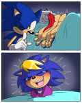 2_panel_comic 4:5 4_toes anthro archie_comics barefoot bernadette_hedgehog blue_body bodily_fluids clothing eulipotyphlan feathers feet female foot_focus gloves green_eyes handwear hedgehog hi_res laugh male mammal mother_(lore) mother_and_child_(lore) mother_and_son_(lore) motion_lines one_eye_closed parent_(lore) parent_and_child_(lore) parent_and_son_(lore) sega skoufidios soles son_(lore) sonic_the_hedgehog sonic_the_hedgehog_(archie) sonic_the_hedgehog_(comics) sonic_the_hedgehog_(series) tears tickling tickling_feet toes