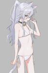 1girl animal_ear_fluff animal_ears arm_up bell bikini blue_eyes blush breasts cat_ears cat_girl cat_tail collar grey_background hand_in_own_hair jingle_bell kurobeko_(kur0bek0) long_hair navel neck_bell open_mouth original side-tie_bikini_bottom simple_background small_breasts solo stomach swimsuit tail thighs twintails white_bikini white_hair 