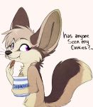  2018 anthro aseethe black_nose canine cookie digital_media_(artwork) english_text fennec food fox fur hair mammal purple_eyes solo text whiskers 