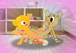  2018 anthro antlers blush cartoon_network cervine digital_media_(artwork) female female/female fur hi_res horn mammal nipples nude open_mouth penny_fitzgerald pussy pussy_juice selfcest sex smile square_crossover text the_amazing_world_of_gumball thunderfap tribadism vaginal wings young 