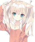  ? animal_ears arm_up bangs bare_shoulders blonde_hair blue_eyes blush cat_ears closed_mouth collarbone commentary_request eyebrows_visible_through_hair hair_between_eyes hamaru_(s5625t) highres long_hair long_sleeves looking_away looking_to_the_side off_shoulder orange_shirt original shirt sidelocks simple_background sleeves_past_wrists slit_pupils solo twintails upper_body white_background 