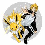  black_jacket black_pants blonde_hair boku_no_hero_academia collarbone crossover dandel grin jacket jolteon kaminari_denki looking_at_viewer open_clothes open_jacket outstretched_hand pants poke_ball_symbol pokemon pokemon_(creature) shirt signature smile striped striped_pants v-neck white_shirt yellow_eyes 