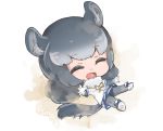  :d ^_^ ^o^ animal_ears bangs big_head chibi chinchilla_(kemono_friends) closed_eyes colored_eyelashes commentary_request dust_cloud elbow_gloves full_body fur_trim gloves grey_gloves grey_hair grey_legwear kemono_friends miniskirt open_mouth outstretched_legs pantyhose shoe_soles short_sleeves simple_background sketch_eyebrows skirt smile solo tail tatsuno_newo twitter_username white_background white_footwear 