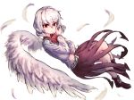  bangs black_footwear bow bowtie closed_mouth feathered_wings feathers full_body hair_between_eyes highres kishin_sagume long_sleeves nob1109 purple_skirt red_bow red_eyes red_neckwear short_hair simple_background skirt solo touhou white_background white_hair white_wings wings 
