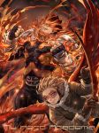  belt blonde_hair blue_eyes bodysuit boku_no_hero_academia brown_eyes brown_gloves building closed_mouth coat endeavor_(boku_no_hero_academia) eyewear_on_head feathered_wings feathers fingerless_gloves fire flame fur-trimmed_coat fur_collar fur_trim gauntlets gloves goggles goggles_on_eyes hawks_(boku_no_hero_academia) headphones highres holding holding_feather long_sleeves looking_to_the_side multiple_boys night outdoors parted_lips red_hair red_wings shinomaru short_hair shoulder_armor smirk todoroki_enji wings winter_clothes winter_coat 