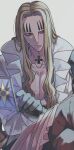  1boy basil_hawkins blonde_hair card closed_mouth commentary_request crossed_arms facial_mark frilled_shirt frills gloves highres long_hair looking_to_the_side male_focus one_piece paruma_umu red_eyes shirt simple_background sitting solo white_shirt 