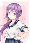  akebono_(kantai_collection) bangs bell blue_ribbon blue_sailor_collar blue_skirt blush collarbone commentary_request dakkusu dated eyebrows_visible_through_hair flower hair_bell hair_flower hair_ornament hand_on_hip head_tilt jingle_bell kantai_collection long_hair neck_ribbon parted_lips pink_flower pleated_skirt purple_eyes purple_hair ribbon sailor_collar school_uniform serafuku shirt short_sleeves side_ponytail sidelocks signature skirt solo very_long_hair white_shirt 