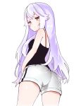  1girl ass azuma_lim azuma_lim_channel bangs bare_arms bare_shoulders black_camisole blush brown_eyes camisole closed_mouth commentary_request cowboy_shot eyebrows_behind_hair from_behind highres long_hair looking_at_viewer looking_back purple_hair short_shorts shorts simple_background solo very_long_hair virtual_youtuber white_background white_shorts 