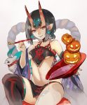  alcohol animal asymmetrical_legwear black_hair black_legwear breasts collarbone cup detached_sleeves eyebrows_visible_through_hair fate/grand_order fate_(series) grey_background hair_ornament holding horns looking_at_viewer midriff navel nij_24 pointy_ears pumpkin purple_eyes purple_sleeves sakazuki sake short_hair shuten_douji_(fate/grand_order) shuten_douji_(halloween)_(fate) simple_background single_thighhigh sitting small_breasts smile solo stomach thighhighs underboob wide_sleeves 