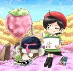  1girl ado_(kirby) ahoge animal_ears black_hair blue_skin blue_sky child&#039;s_drawing closed_eyes colored_skin gooey_(kirby) highres holding holding_pencil holding_sketchbook kicdon kirby kirby&#039;s_dream_land_3 kirby_(series) one_eye_closed pencil pikachu_ears pokemon pokemon_(creature) sketchbook sky smeargle star_(symbol) tongue tongue_out 