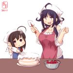  :3 alternate_costume antenna_hair apron artist_logo bakery baking bare_shoulders blush braid breasts cake cleavage collarbone commentary_request cooking cream dated denim eyebrows_visible_through_hair food fruit hair_flaps hair_over_shoulder head_scarf highres indoors jeans kanon_(kurogane_knights) kantai_collection kitchen large_breasts long_hair low_twintails mixing_bowl multiple_girls open_mouth pants pastry_bag red_eyes ryuuhou_(kantai_collection) shigure_(kantai_collection) shop signature simple_background single_braid sleeves_rolled_up smile spatula strawberry sweatdrop sweater table taigei_(kantai_collection) turtleneck turtleneck_sweater twintails white_background white_sweater younger 