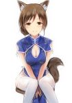  animal_ears bangs blue_dress blush breasts brown_eyes brown_hair china_dress chinese_clothes cleavage cleavage_cutout commentary_request dress fox_ears fox_tail hair_bun idolmaster idolmaster_cinderella_girls long_hair looking_at_viewer medium_breasts nannacy7 nitta_minami pelvic_curtain short_sleeves side_slit simple_background sitting smile solo tail thighhighs tied_hair white_background white_legwear 