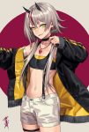  absurdres breasts choker cleavage collarbone cowboy_shot eyebrows_visible_through_hair grey_background groin hair_between_eyes highlights highres horns jewelry long_hair low_twintails multicolored_hair navel necklace original short_shorts shorts silver_hair small_breasts smile solo sora_yoshitake_yuda standing stomach suspender_shorts suspenders thigh_strap twintails white_shorts yellow_eyes 