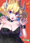  1girl bare_shoulders black_dress blonde_hair blue_eyes blush bowsette bracelet breasts cleavage collar crown dress earrings fangs fire horns jewelry large_breasts lipstick long_hair makeup mario_(series) nail_polish new_super_mario_bros._u_deluxe nintendo open_mouth pointy_ears ponytail solo spiked_bracelet spiked_collar spikes super_crown super_mario_bros. 