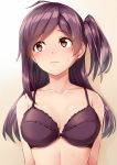  ahoge bangs bare_shoulders blush bra brown_eyes closed_mouth collarbone embarrassed gradient gradient_background hagikaze_(kantai_collection) highres kamelie kantai_collection long_hair looking_away one_side_up purple_bra purple_hair sidelocks simple_background solo sweat tearing_up underwear underwear_only upper_body wavy_mouth 