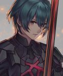  blue_hair brown_eyes byleth commentary fire_emblem fire_emblem:_fuukasetsugetsu grey_background hair_between_eyes holding holding_sword holding_weapon kaejunni male_focus short_hair simple_background solo sword upper_body weapon 