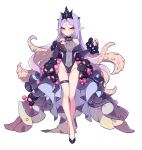  ass_visible_through_thighs black_nails breasts brown_eyes covered_navel crown detached_sleeves full_body highres ibex long_hair looking_at_viewer medium_breasts nail_polish original pointy_ears purple_hair purple_lips smile solo standing tentacle_hair thigh_strap white_background 